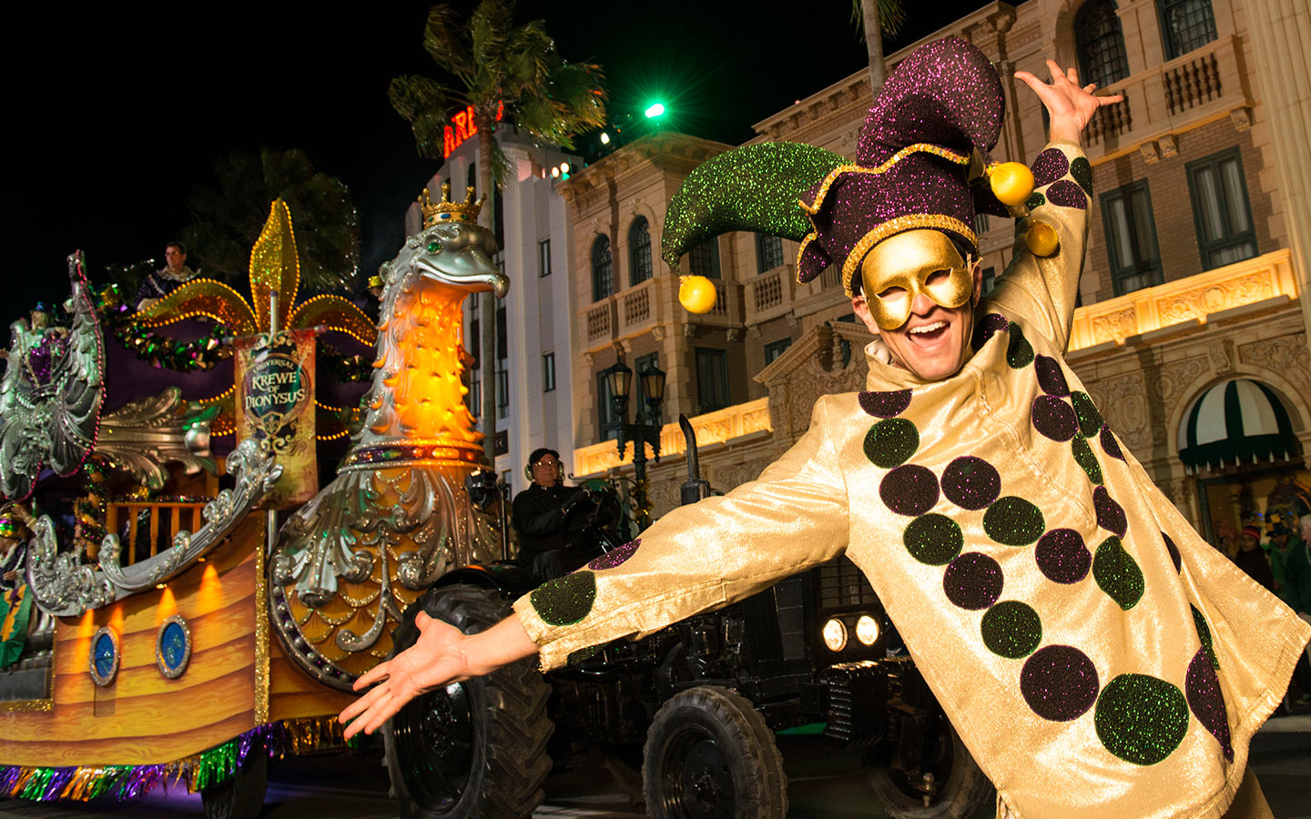 Enjoy colorful floats and catch tons of beads during Universal Orlando's Mardi Gras Celebration