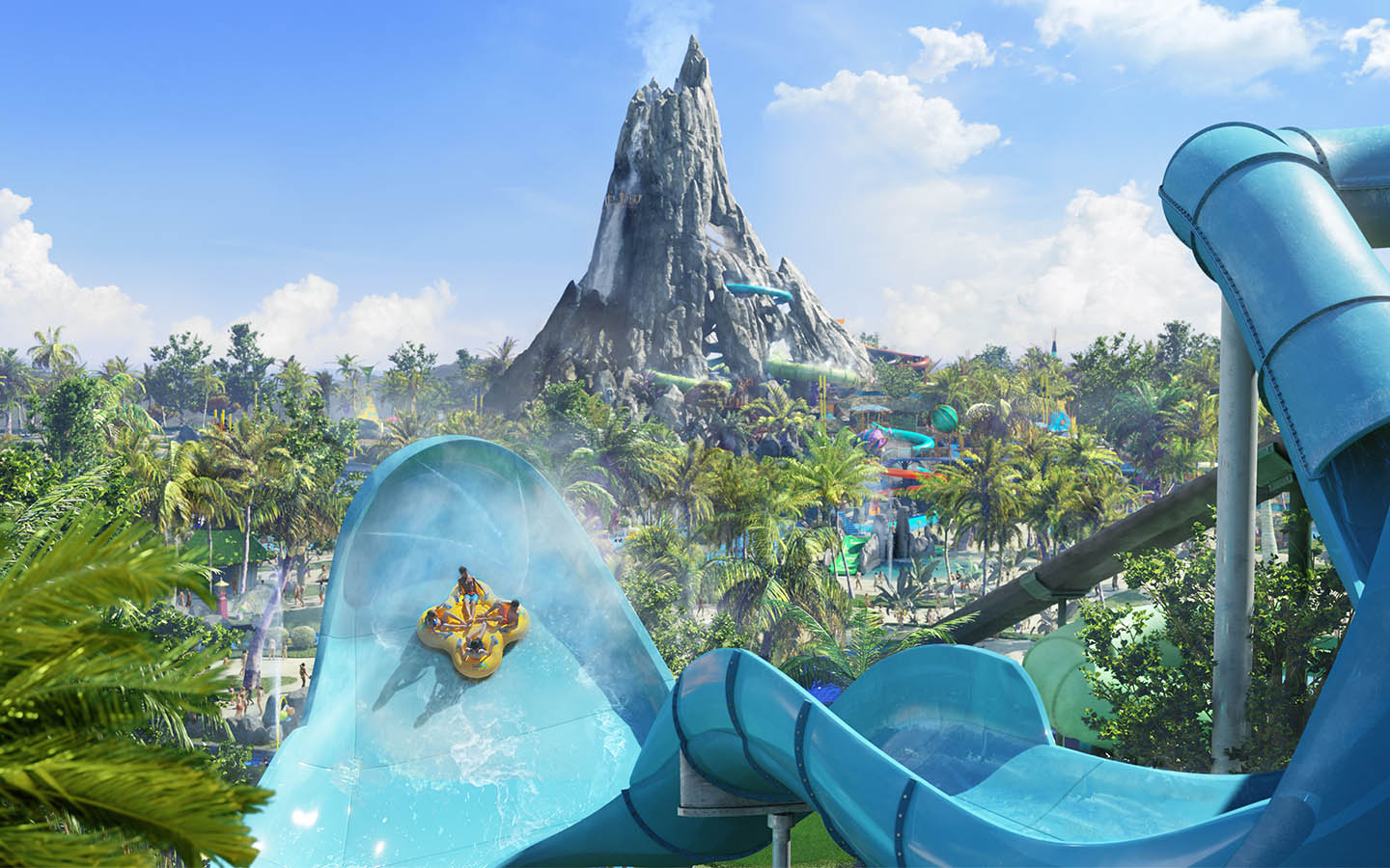 First-ever details revealed for Universal's Volcano Bay, including Honu - an adventurous, multi-passenger raft ride that will soar across two giant, sloped walls.