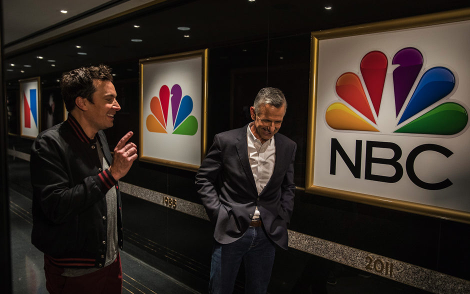 Jimmy Fallon tours Race Through New York in Universal Studios Florida with Mark Woodbury, vice chairman of Universal Parks & Resorts..