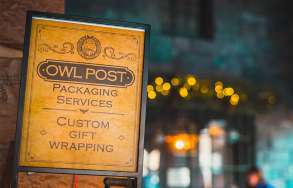 owl post wrapping station in the wizarding world of harry potter
