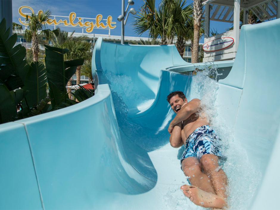 Man in the waterslide at Cabana Bay Beach Resort.