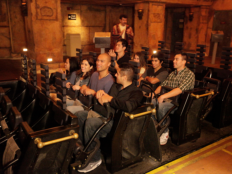 Tourists in cart to ride Revenge of The Mummy Universal Studios Hollywood