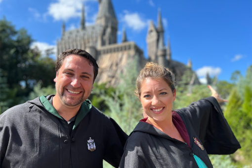 Kari and David in front of Hogwarts Castle