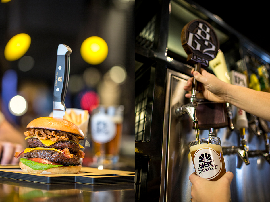 Burger with knife, hand pouring beer from draft