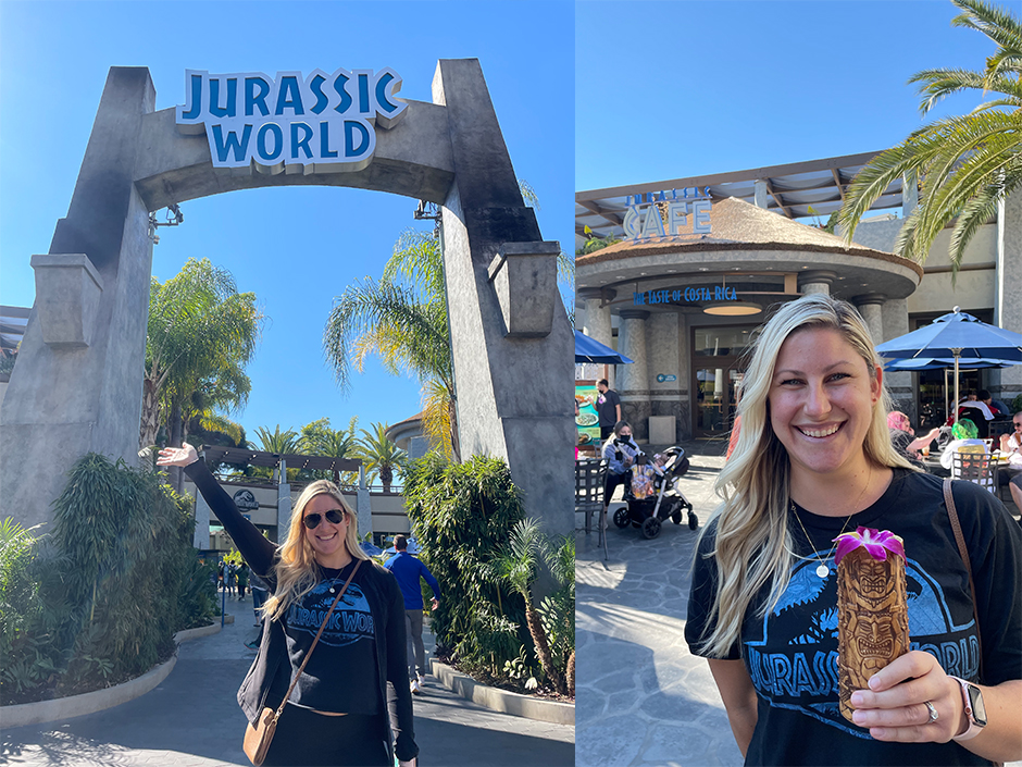 Blonde woman in front of Jurassic World arches