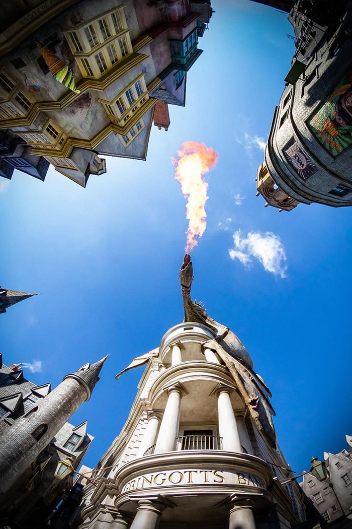 Shot from below of Dragon Breathing Fire Diagon Alley