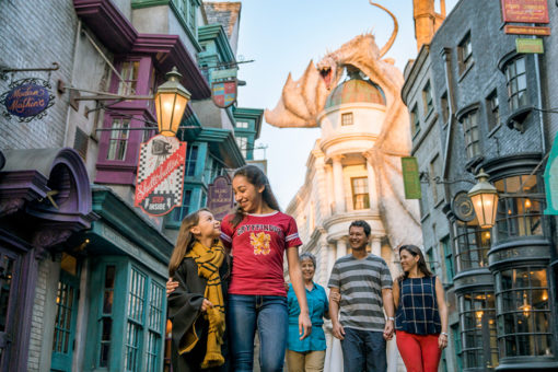 Family walking around Diagon Alley with Dragon in the back