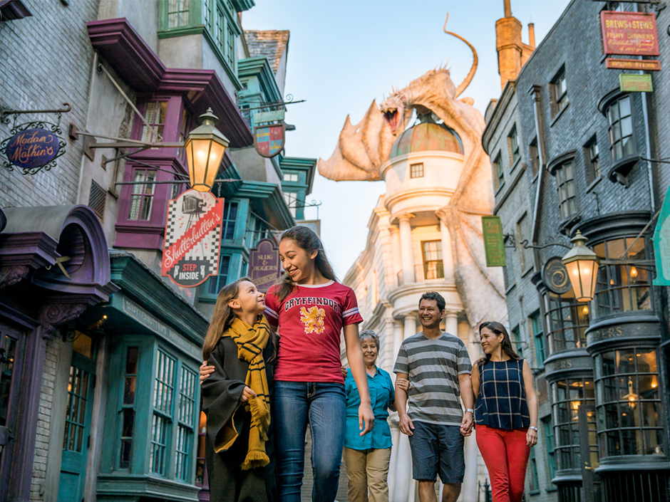 Family walking around Diagon Alley with Dragon in the back