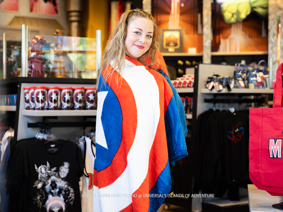 Woman wrapped in Captain America Blanket