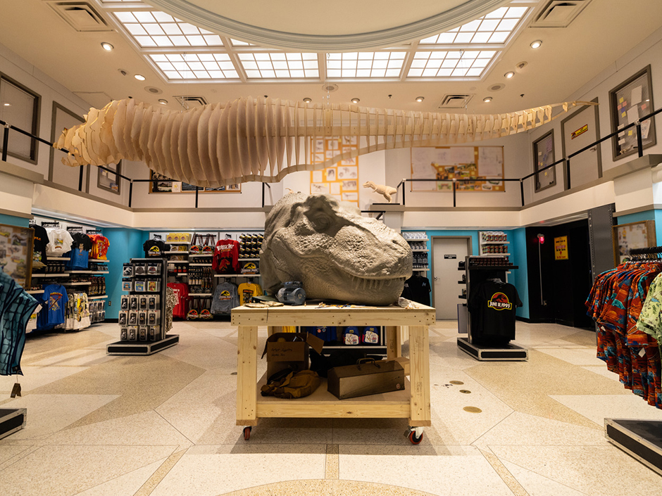 A view of the first room of the new "Jurassic Park" Tribute Store at Universal Studios Florida. In the center of the room, hanging from the ceiling, is a  wooden model of a dinosaur's body, seemingly without arms and legs. It appears to be made of wooden discs, aligned to make the right shape. Below that, on a wooden table with wheels, sits a gray dinosaur head, seemingly made of clay or stone. Throughout the rest of the room stand merchandise displays with T-shirts and trinkets, all themed to "Jurassic Park." The top half of the room, as well as the floor, are off-white, while the bottom half of the walls is turquoise. On the bottom half are primarily shelves of merchandise, but scattered around are bulletin boards with images notes. On the top half, behind a black railing, are doors, windows, and more bulletin boards with drawings, images, and notes. On the far back wall is a white, miniature dinosaur statue.
