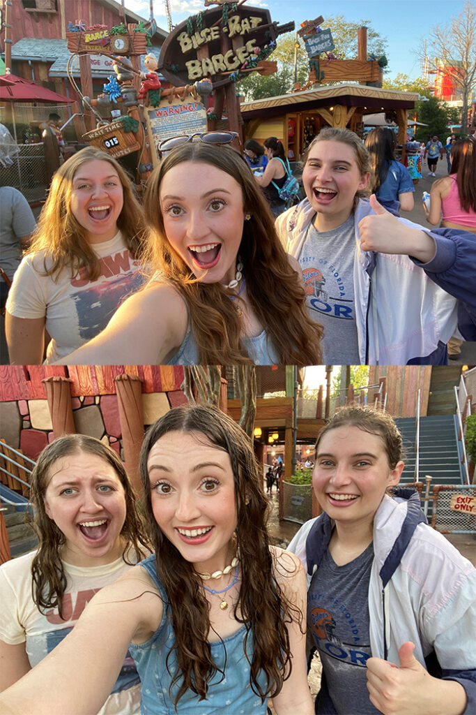 A collage of two photos of the same three people. From left to right in both photos: A woman in a Jaws T-shirt, a woman with sunglasses on her head, a flower earring in her visible left ear, a shell necklace, and a blue tank top, and a woman in a dark-blue-light-pink-and-white jacket, wearing a football T-shirt, holding her left hand up in a thumbs up. In the top photo, they are dry and smiling in front of a sign made of a boat reading "Bilge-Rat Barges" in yellow. A figure of a cartoon character in red sits on top of a warning sign, fishing. On the character's fishing line is a sign made to look wooden that reads "Wait Time: 0 1 5 Minutes," though the first two letters of "minutes" are cut off. The entrance sign with a clock sits behind the character. There is a barn-like shack behind the entrance, and a shack selling merchandise with  a wooden sign on its roof to the trio's left. There is a blue sign on top of the wooden sign, with white text that is too hard to fully determine. The sky is clear, with only a couple clouds. The bottom photo shoes the same three women at the ride's exit, this time drenched with water. They are all smiling still, but with more shocked expressions than before. The woman on the right gives another thumbs up. In this photo, the white polka dots on the shirt of the woman in the center are more clear than above, and she is no longer wearing the sunglasses on her head. Behind them is a silver staircase behind a gate with a piped border reading "exit only," and the bottom of a building. The narrow exit from the ride, which is lit up from the ceiling, is also visible.