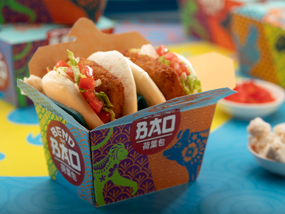 Bend the Bao to-go box with a bao inside