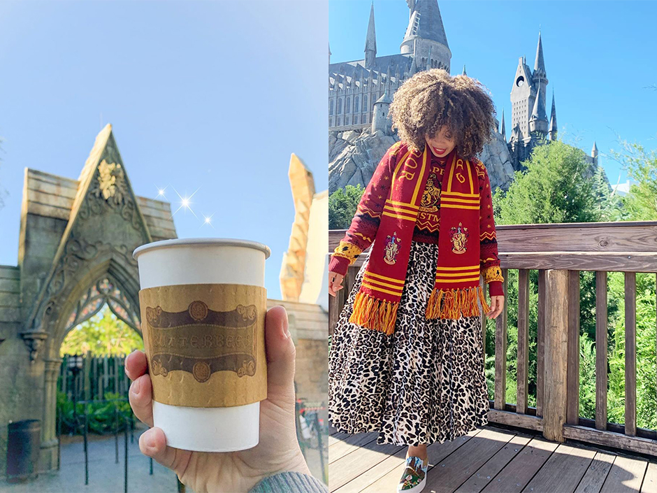 Image split in two — left: hot butterbeer with Hogsmeade entrance in the background. right: woman in a dress wearing a Gryffindor scarf with Hogwarts in the background 