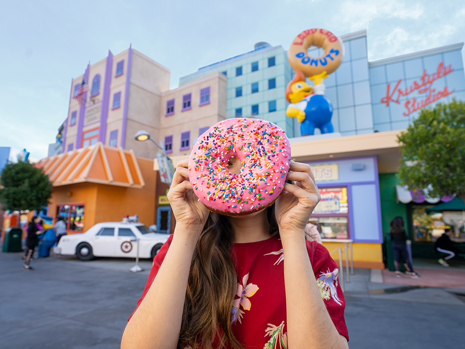 The Big Pink, a large pink donut with sprinkles, one of the most popular food items at Universal Studios Hollywood. 