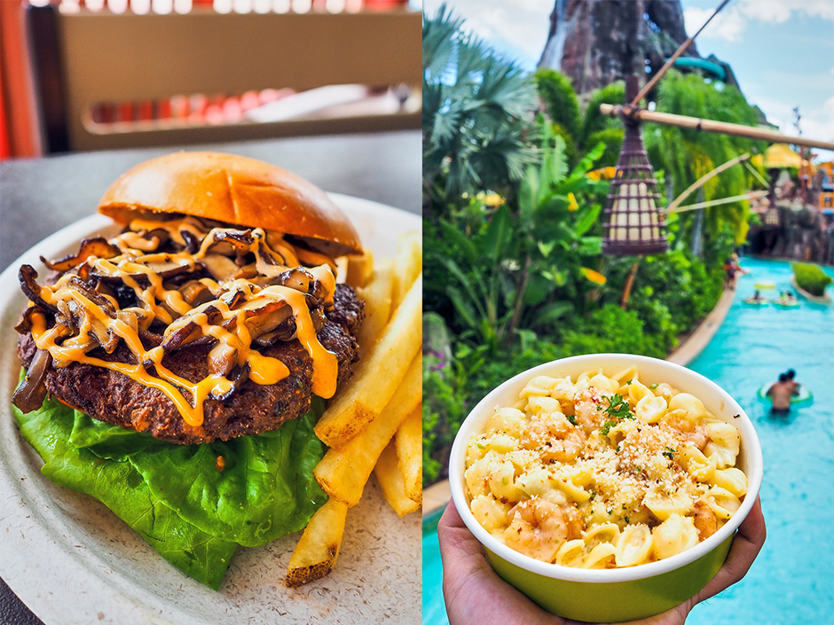 Image split in two. Left: burger / Right: jerk shrimp mac and cheese