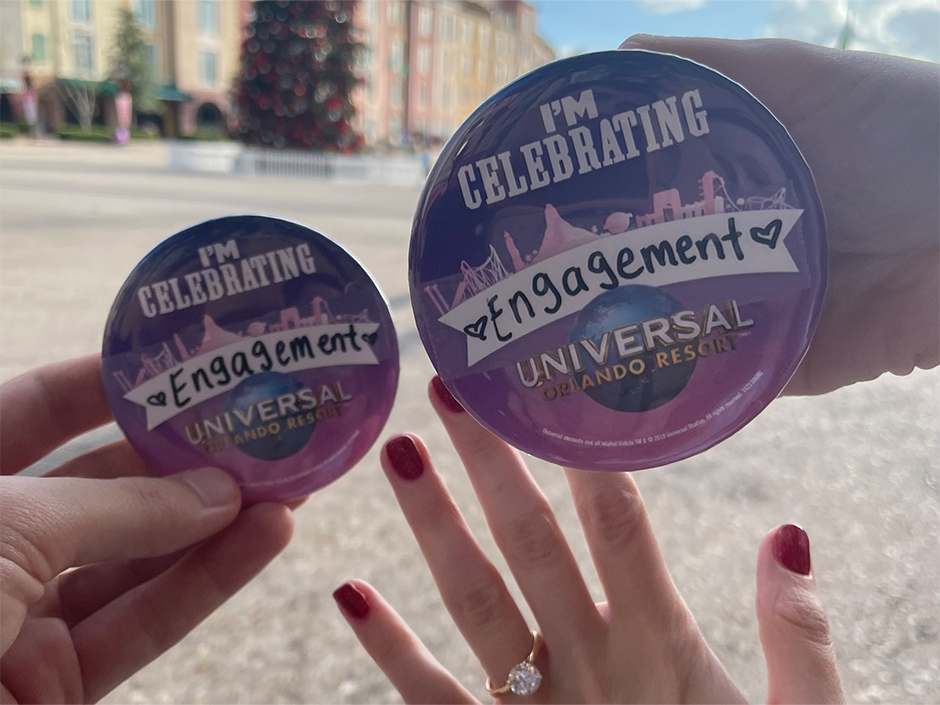Universal's 'I'm Celebrating' buttons with 'Engagement' written on them