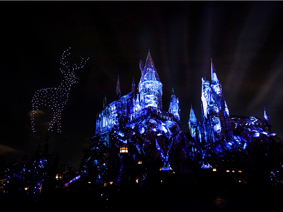 Nighttime Lights Show at Hogwarts castle at Universal Studios Hollywood