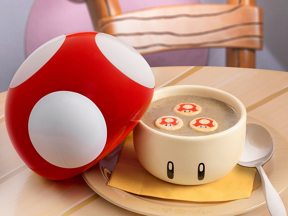 Mushroom soup in a red 1-Up mushroom bowl from Toadstool Cafe.