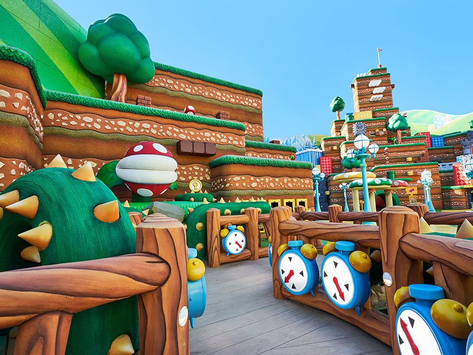 A wide shot of the Mushroom Kingdom at Universal Studios Hollywood. 