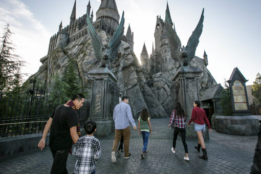 Guests walking into Hogwarts Castle.