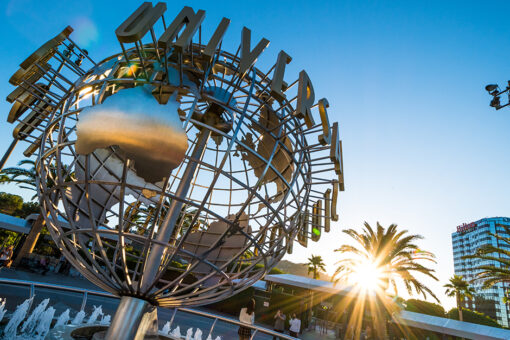 Universal Studios globe and fountain in Hollywood.