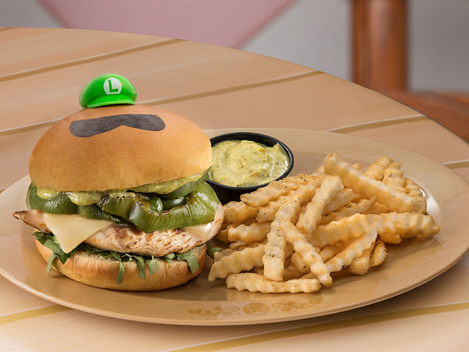 Luigi Burger at Toadstool Cafe in Super Nintendo World.