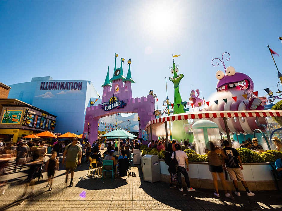 Wide shot of Super Silly Fun Land at Universal Studios Hollywood.