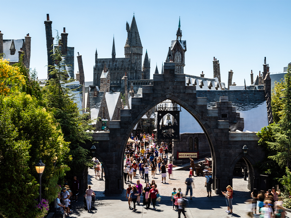 Exterior aerial view of the Wizarding World of Harry Potter at Universal Studios Hollywood.
