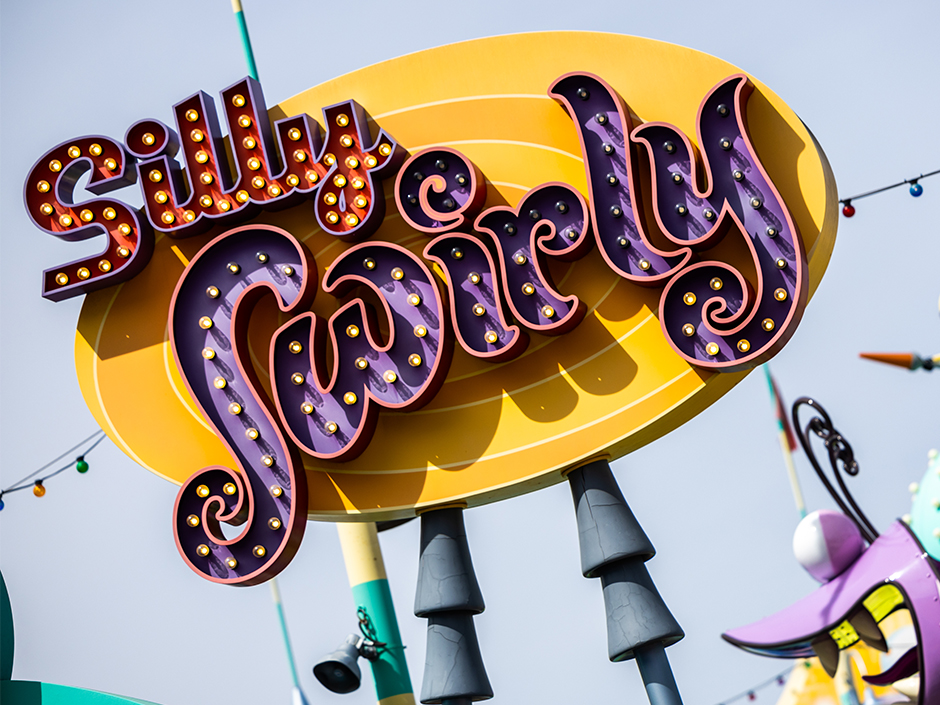 Close-up of the Silly Swirly sign in Minion Land.