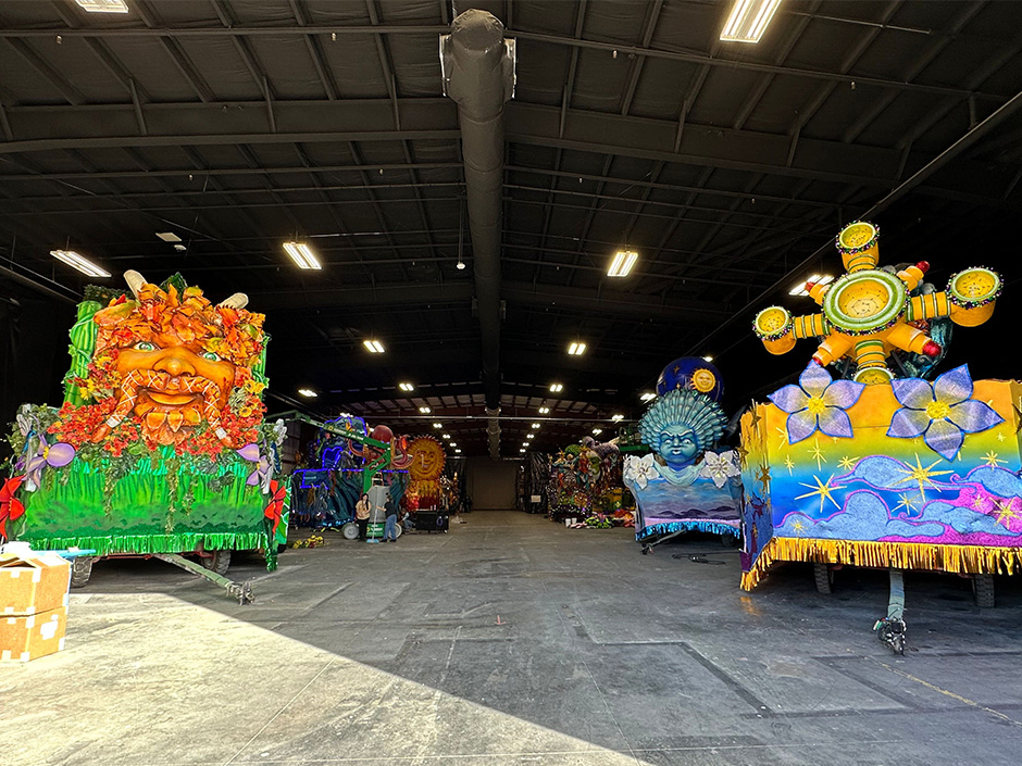 Mardi Gras parade floats backstage