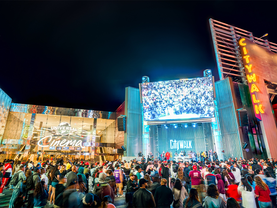 Street view of the Universal Cinema and 5 Towers Stage at Universal CityWalk Hollywood.