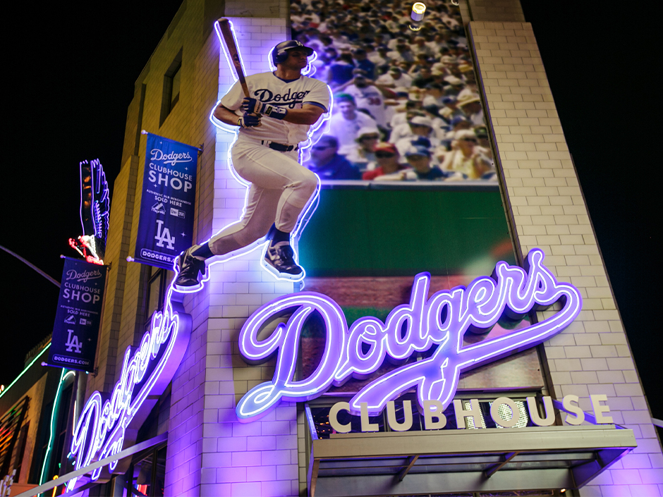Dodgers neon sign storefront.