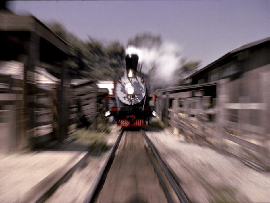 An archival photo of the Runaway Train attraction from the Studio Tour.