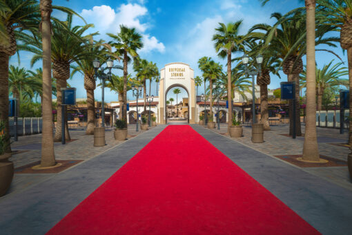 Universal Studios Hollywood arch and red carpet.