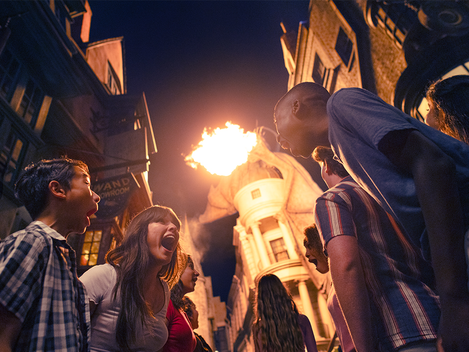 A group of people watching the dragon spit fire.