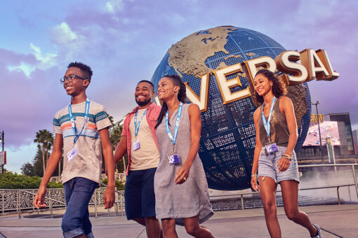 A group of people walking in front of the Universal Studios globe wearing UO AP lanyards.