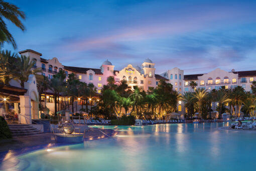 The Hard Rock Hotel pool at sunset