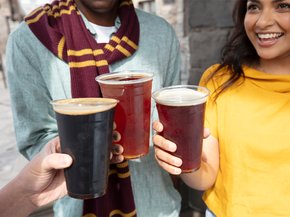 Three guests cheers beers at The Wizarding World of Harry Potter.