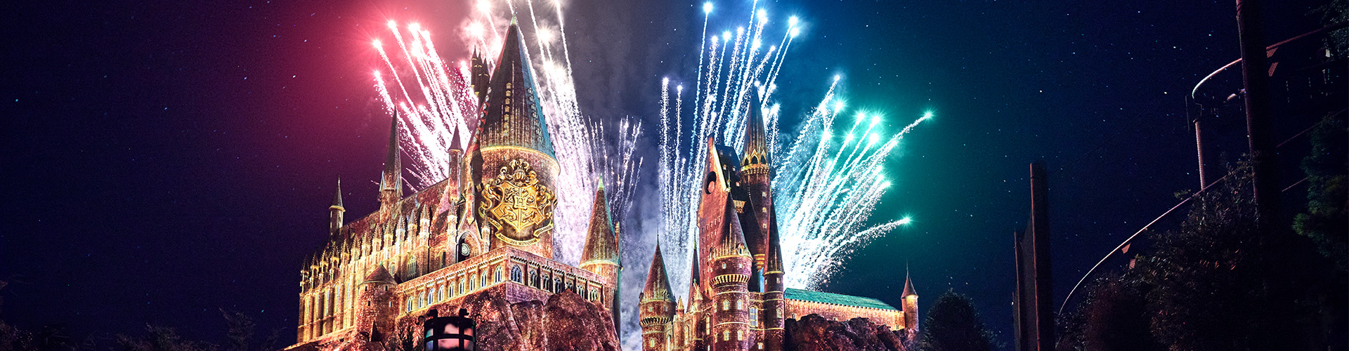 Fireworks light up the sky above Hogwarts Castle