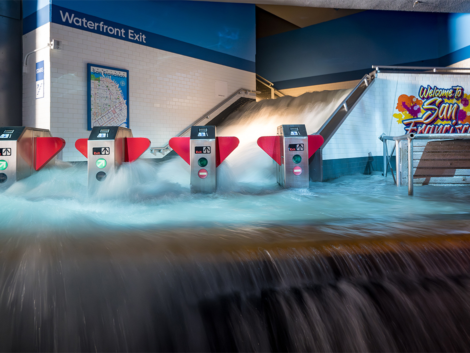 A flood pours into a subway station on "Earthquake—The Big One" on the Studio Tour at Universal Studios Hollywood.