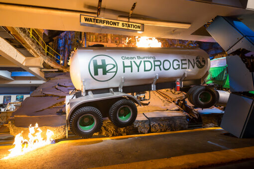 A hydrogen truck crashes into a subway station on "Earthquake—The Big One" on the Studio Tour at Universal Studios Hollywood.