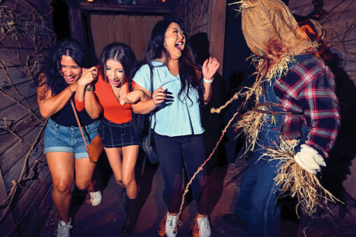 Three girls react to a scare actor in a haunted house at HHN