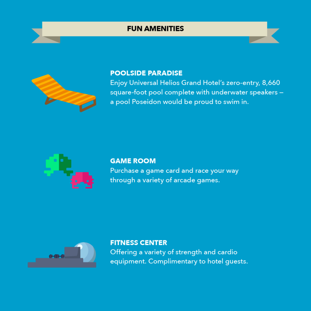 An infographic with information about amenities at Helios Grand Hotel