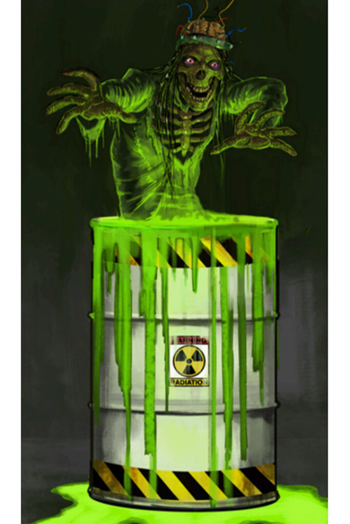 Rendering of a zombie in a barrel of toxic waste from Dead Exposure: Death Valley at Halloween Horror Nights 2024.