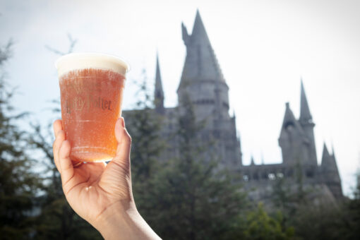 Cold Butterbeer held up in front of Hogwarts Castle in the Wizarding World of Harry Potter.