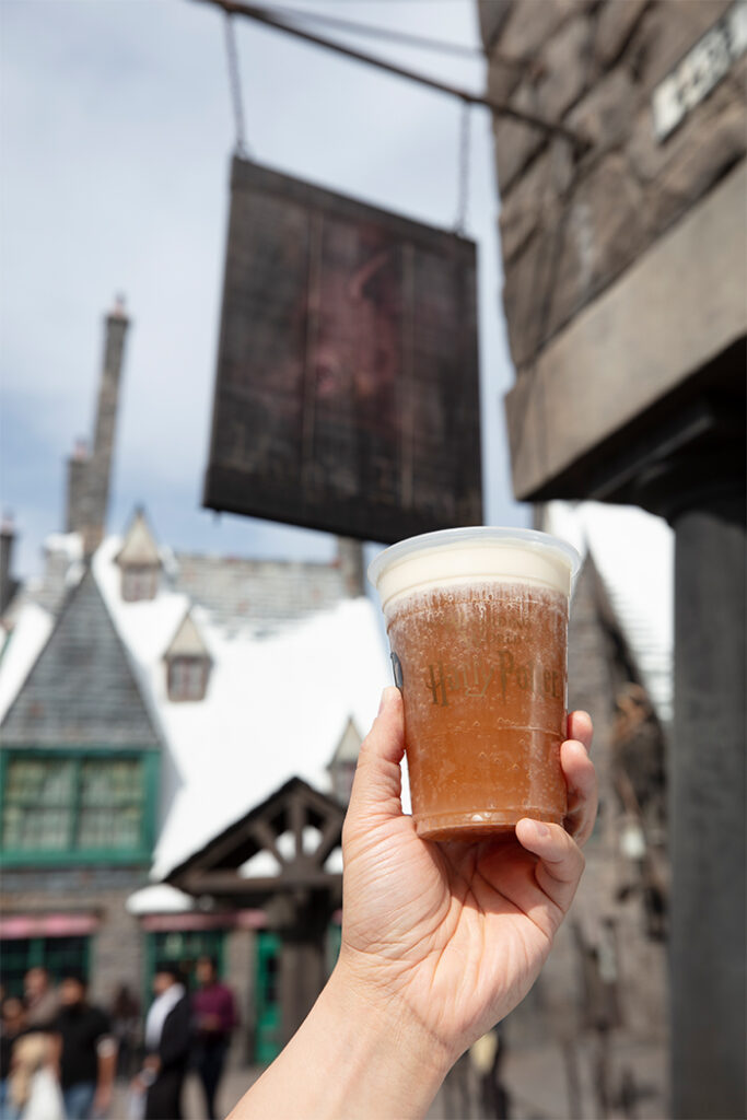 Butterbeer outside the Hog's Head in the Wizarding World of Harry Potter.