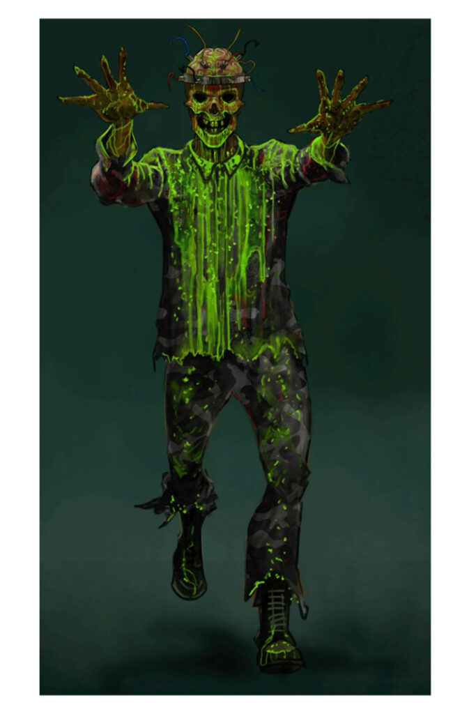 Rendering of a zombie in Dead Exposure: Death Valley at Halloween Horror Nights 2024.