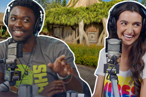 Dylan and Cassie recording the DreamWorks Land episode of the Discover Universal Podcast