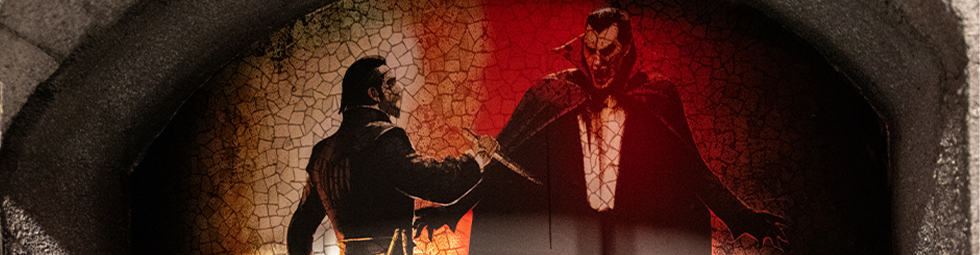 A mural of Van Helsing and Dracula in Universal Monsters: Eternal Bloodlines