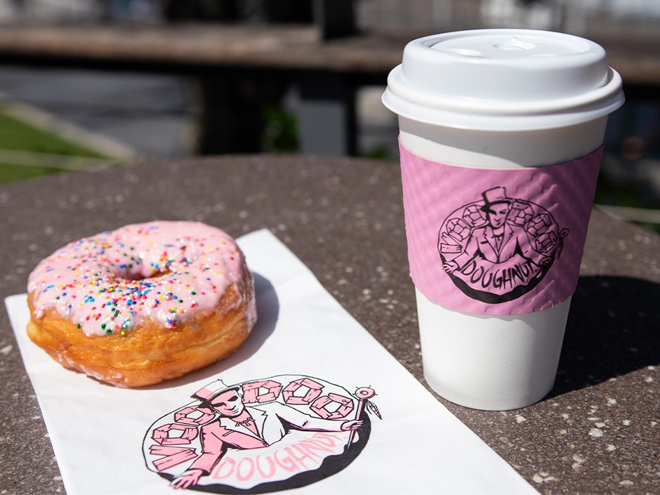 Coffee and a doughnut from Voodoo Doughnut at Universal CityWalk